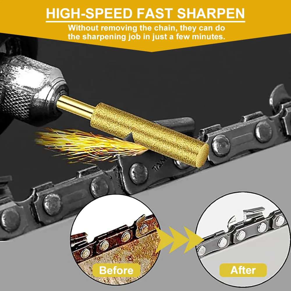 18PCS Chainsaw Sharpener Diamond Coated Cylindrical Burr Chain saw 4/4.8/5.5mm Titanium Coated Sharpener Engraving Grinding Tool