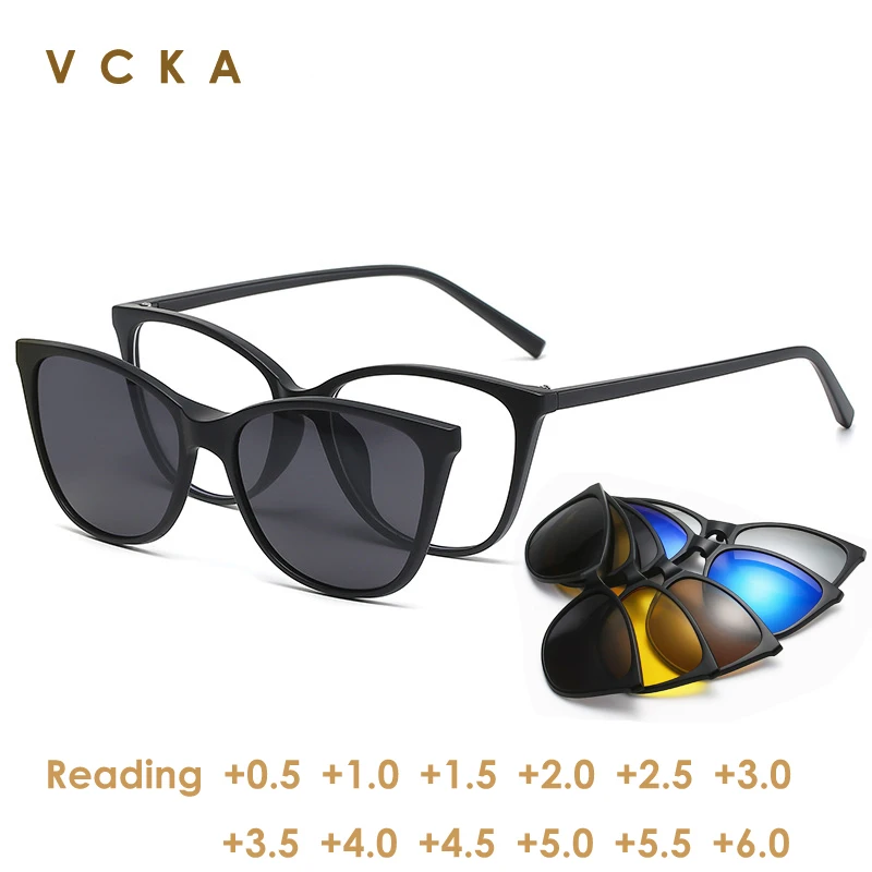 VCKA 6+1 Magnet Clip Cat Eye Reading Sunglasses Glasses Prescription Women Anti Blue Ray Computer Spectacles +0.5 to +6.0