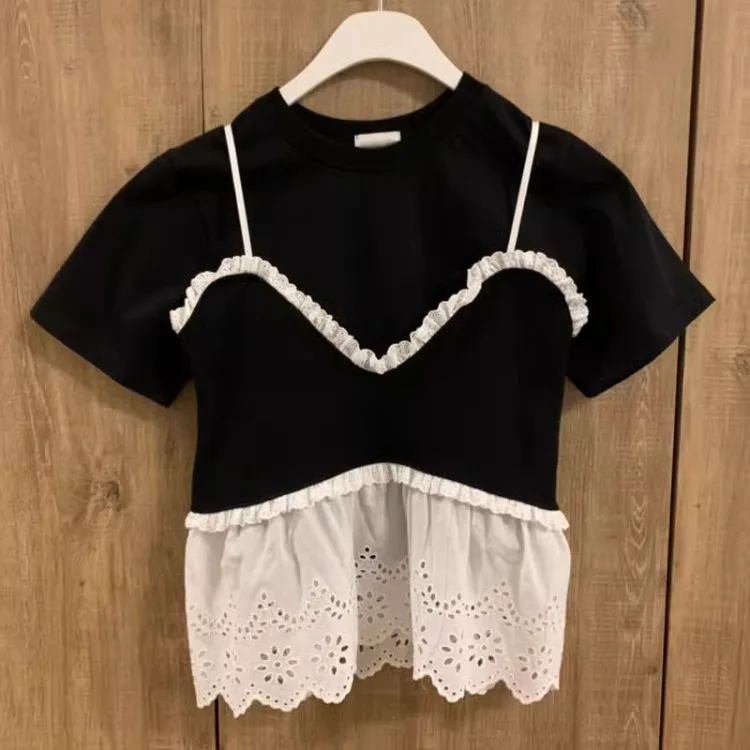 

Vintage Lace Patchwork Strapless Camisole Vest+ Y2k O-neck Short Sleeve Loose T-shirts 2025 Summer New Two Piece Sets