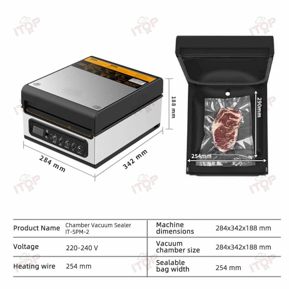 ITOP Chamber Vacuum Sealer -95kpa 254mm Sealing Length Household/ Commercial Chamber Vacuum Sealer Machine Long Service Life