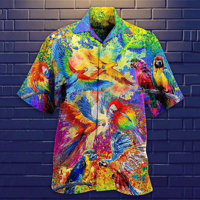 Men\'s Summer Social Floral Parrot 3d Print Shirt Fashion Single-Breasted Short Sleeve Hawaiian Shirts Blouse Vintage Clothing