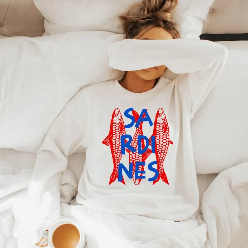 Bluza z grafiką sardynki Modna bluza z nadrukiem rybki w puszkach Klubowa bluza estetyczna Koszulka z anchoisami Jesienno-zimowy strój damski z długim rękawem