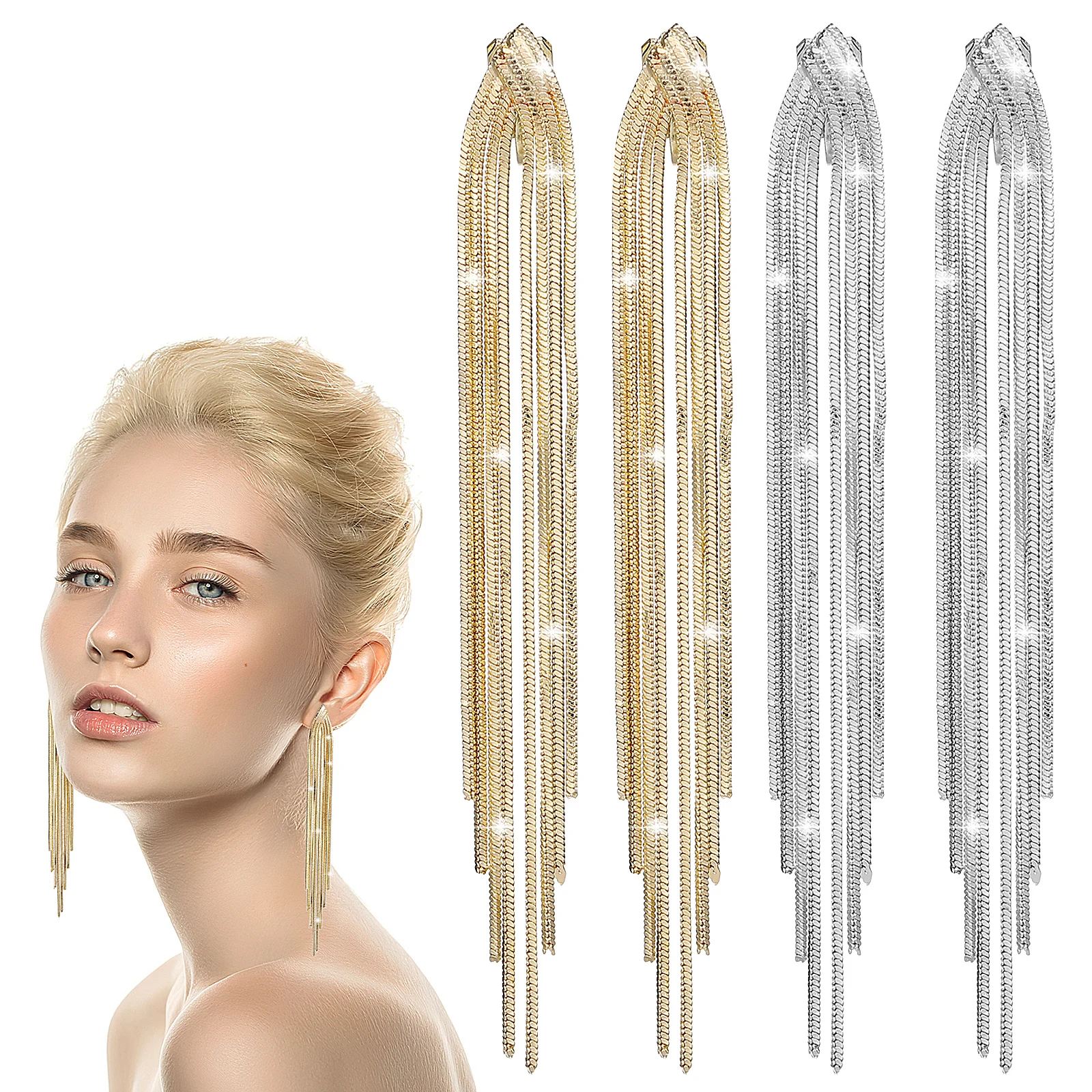 

2 Pairs Snake Chain Ear Clip Earrings Silver Wedding on Dangly Light Luxury Tassel Alloy Dangle Miss