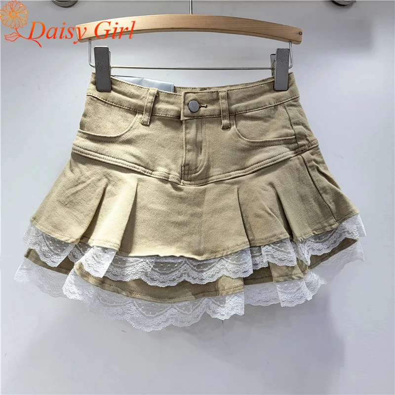 Sambungan Denim Elastis Baru ​ ​ Rok Bengkak Rok Kue Renda Multi Lapis Gadis Seksi Pinggang Tinggi Rok Mini Manis dan Serbaguna