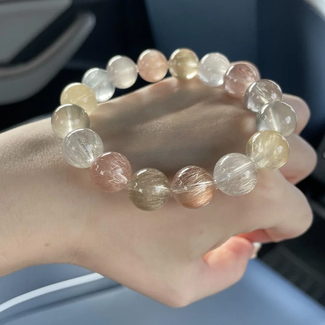Chinese Style 7a Grade Multicolor Rabbit Hair Quartz Bracelet For Women Lucky Blessing Fortune Attracting Healing Beaded Bracele
