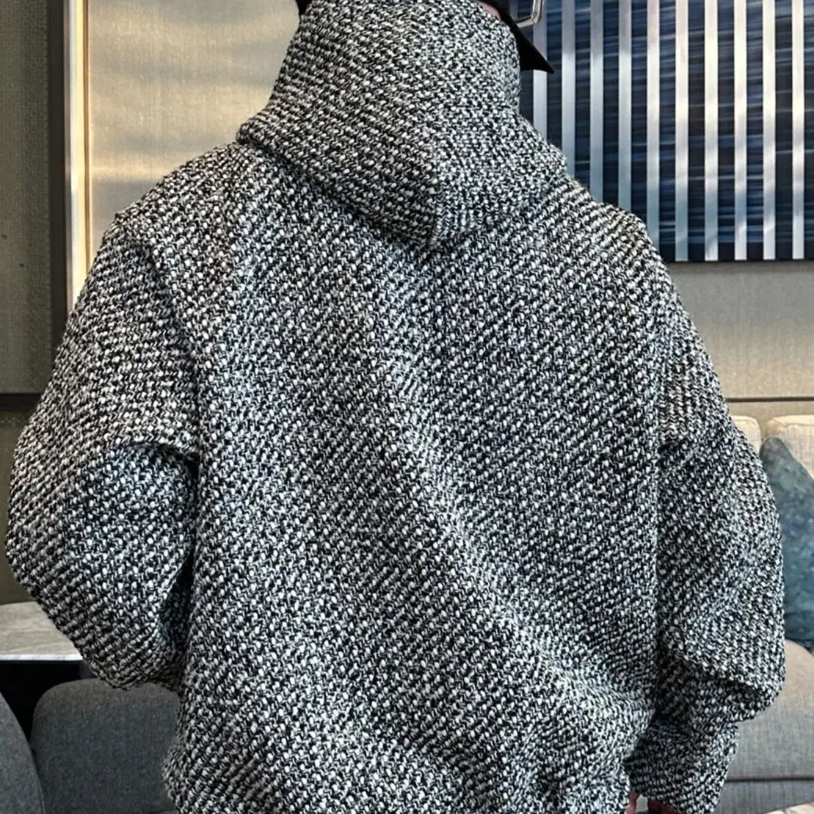 Autumn and Winter New Tweed Woven Gray Heavy Men's Hoodies High-end Loose Pullover Casual Harajuku Hooded Sweatshirt Tops