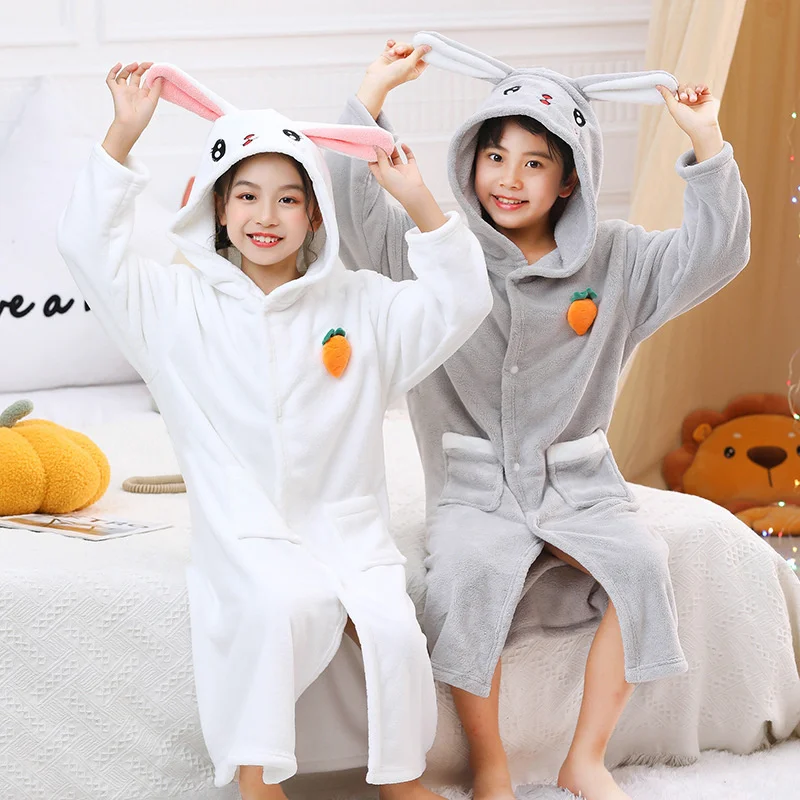 Autumn Kids Cotton Long Sleeve Cute Print Hooded Sleepwear Robe Bath Towels Junior Pajamas Clothing Comfort Soft Home wear