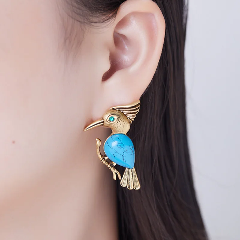 

Bobokiki Jewelry Fashion Woodpecker Titanium Steel Micro-Inlaid Blue Turquoise Silver Needle Luxury Palace Retro Earrings