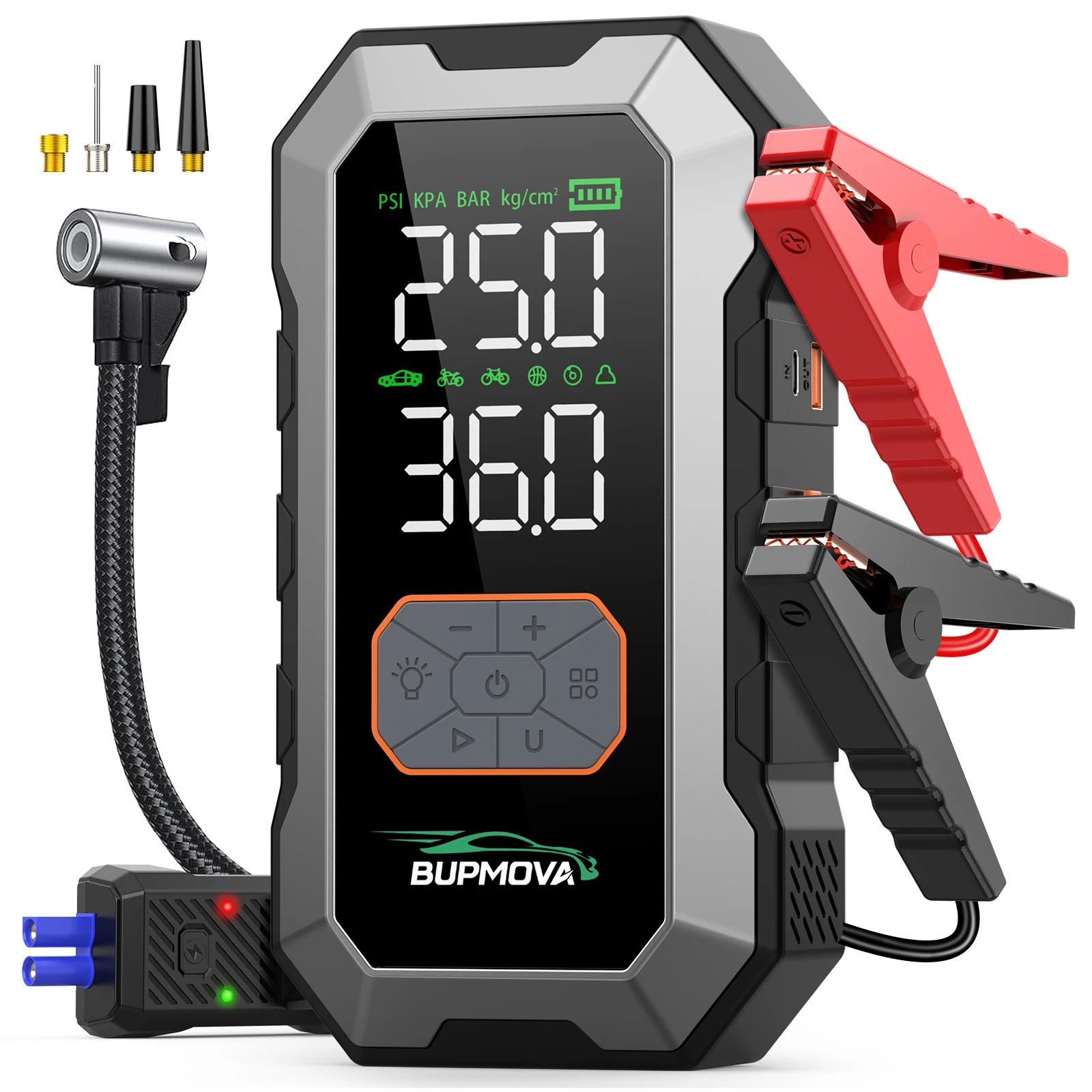 Arrancador de Emergencia para Automóvil de 1500A, Compresor de Aire Portátil, Manómetro Digital de Presión de Neumáticos de 150PSI, Batería de Alta Capacidad Integrada de 25000mah/21800mah/26800mah