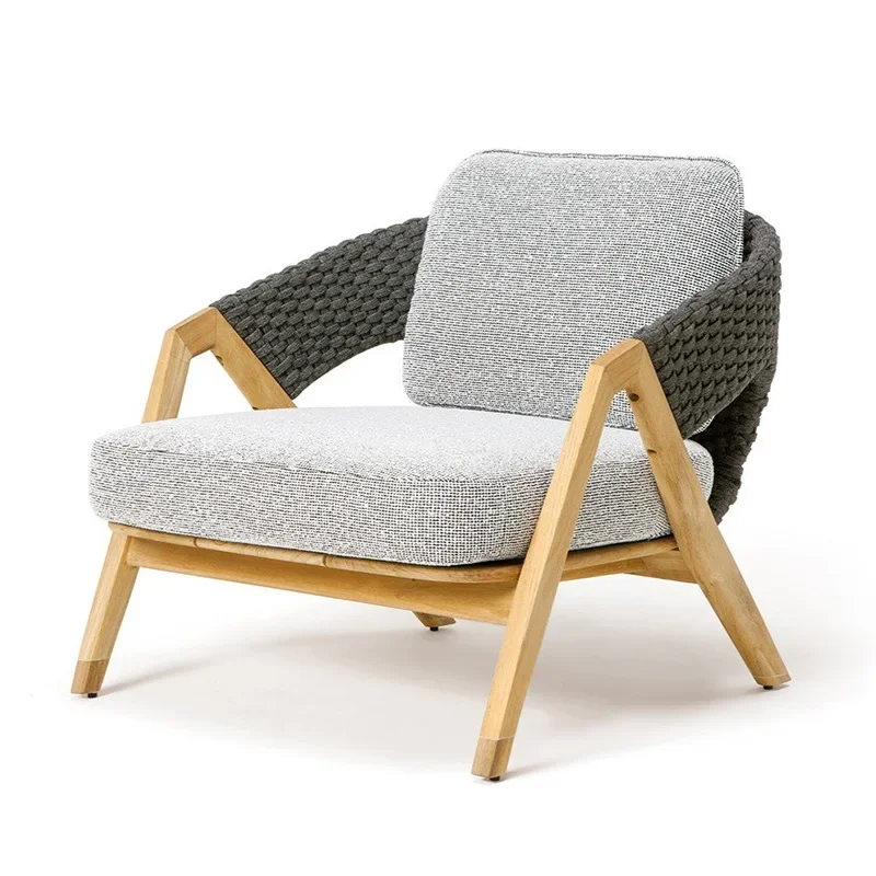 Outdoor solid wood webbing sofa, modern simple courtyard terrace balcony lazy sofa, living room sofa coffee table