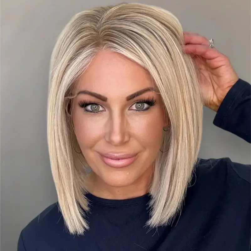 Short Straight Bob Ombre Light Golden Blonde Highlights Synthetic HD Lace Front Wig with Ash Roots Preplucked Hairline 10 Inches