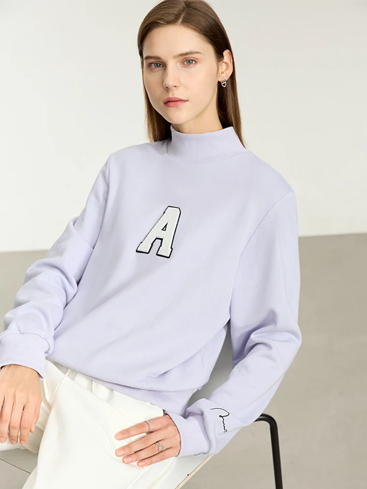 AMII Minimalism 2023 Autumn New Cotton Women Hoodies High Neck Letter Embroidery Loose Office Lady Female Pullovers 12313005