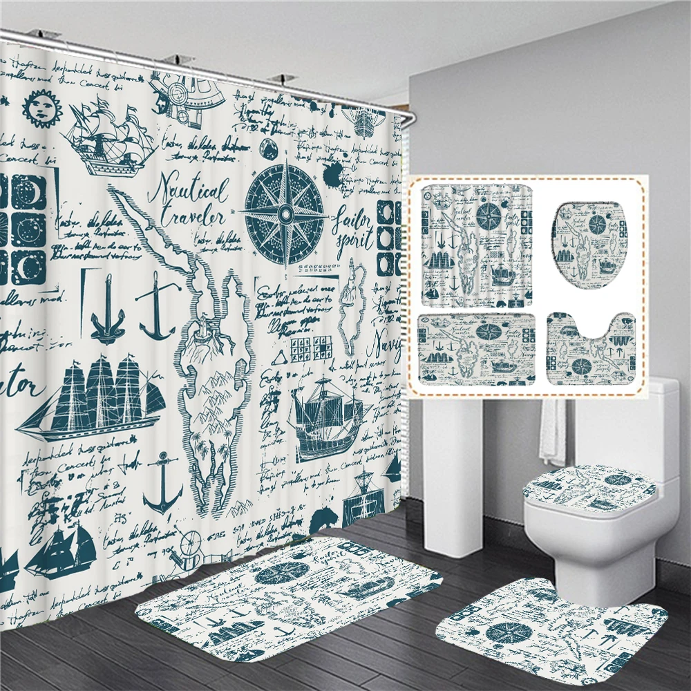 Retro and Nostalgic Travel Navigation style Print Shower Curtain Set Non-Slip Rugs Toilet Lid Cover Bath Mat Bathroom Decor Set