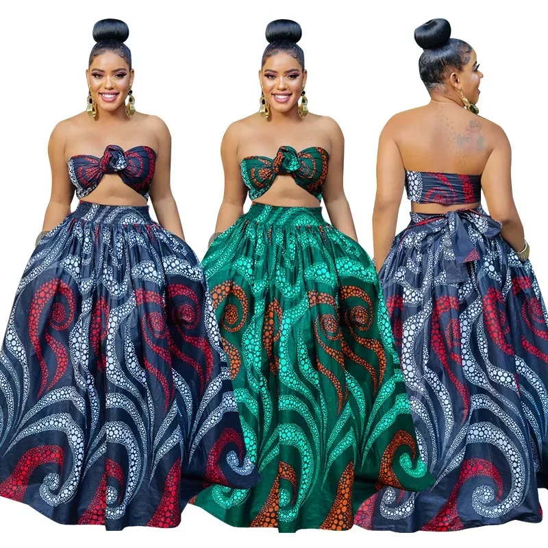 MY960- New European and American plus size women's clothing 2025 summer new ethnic style printed large swing skirt two-piece set