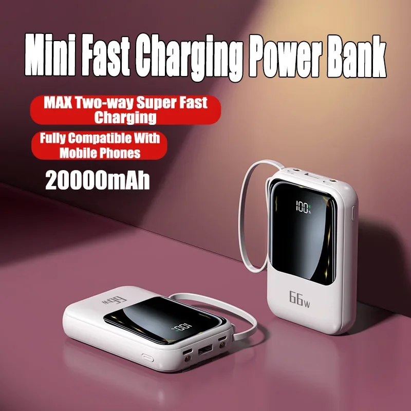 Mini Powerbank portátil de 20000mAh con Cable, cargador superrápido para IPhone y Xiaomi, pantalla Digital, paquete de batería externa