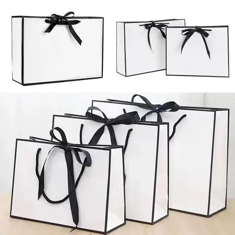 1PC 골 판지 종이 쇼핑 핸드백 선물 포장 가방 휴대용 블랙 화이트 포장 토트 핸들 잡화 보관 주머니