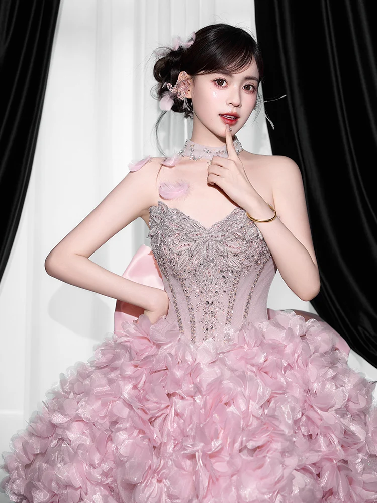 

Pink Strapl Ball Gown Wedding Dr Engagement High-End Luxury Sensation Princ Sle Lace ort Skirt No Sve
