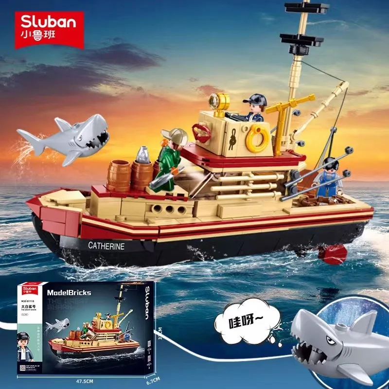 Sluban Building blocks 1118 Great White Shark 1119 fishing boat model boy toy birthday gift