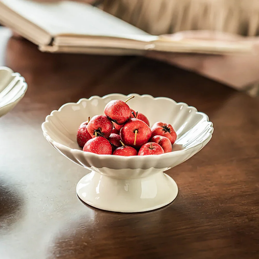 Light Luxury High Legged Ceramic Plate Floral Shape Solid Color Porcelain Homehold Tableware Fruit Nuts Snacks Plates