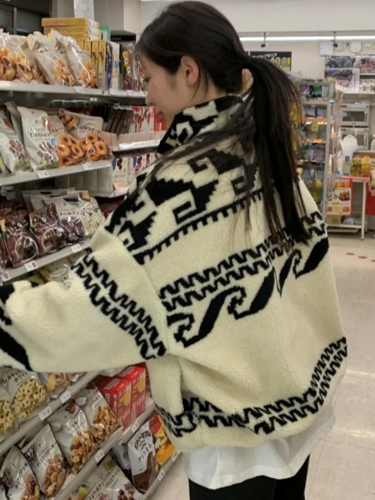 

Retro High Collar Fair Isle Print Versatile Lamb Fur ort Jaet Women's Loose Sweatirt Sle Winter New Soft Bulkin