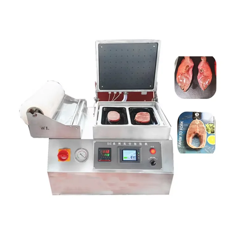 Máquina de sellado de bandejas al vacío para alimentos de mesa, embalaje para carne, pescado, comida preparada, máquina envasadora de piel al vacío para alimentos congelados