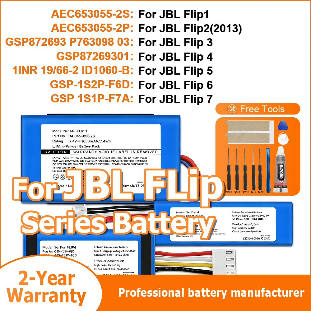 100% New High Capacity AEC653055-2S GSP87269301 GSP-1S2P-F6D For JBL Flip 1 /Flip 2/Flip 3/Flip 4/Flip 5/Flip 6 batteries