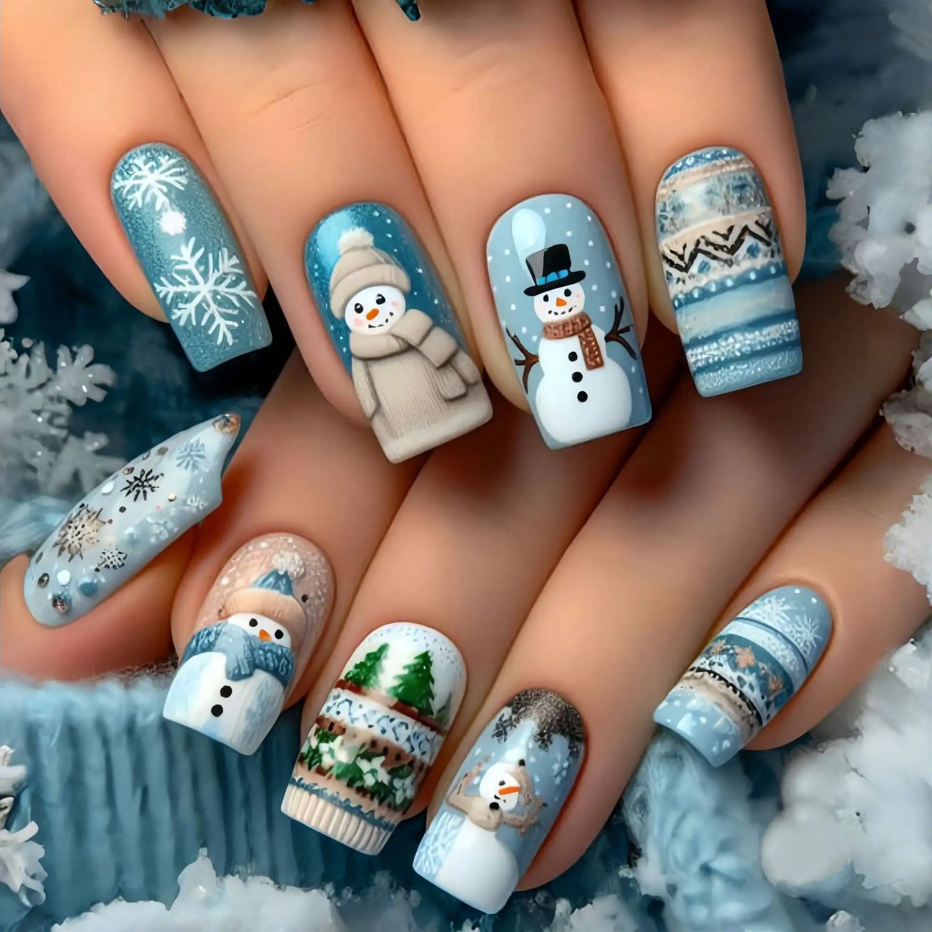 

Jelly Glue + Rubber StripChristmas Medium-Length European Square-Shaped Nail Patches, Blue Snowman And Snowflake Pattern Detacha