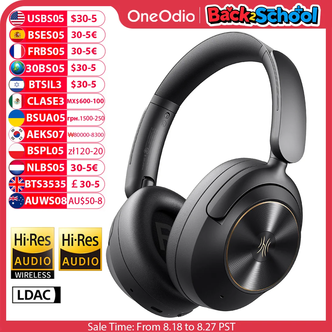 Oneodio A6 ANC casque sans fil Bluetooth 6.0-48dB hybride suppression active du bruit sur l'oreille casque avec micro haute rsolution application LDAC