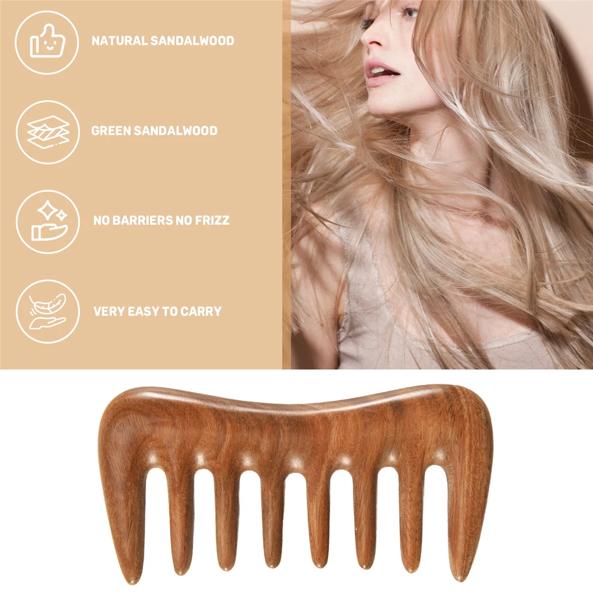 Wide Tooth Hair Comb - Natural Wood Comb for Curly Hair - No Static Sandalwood Hair Pick Wooden Comb for Detangling