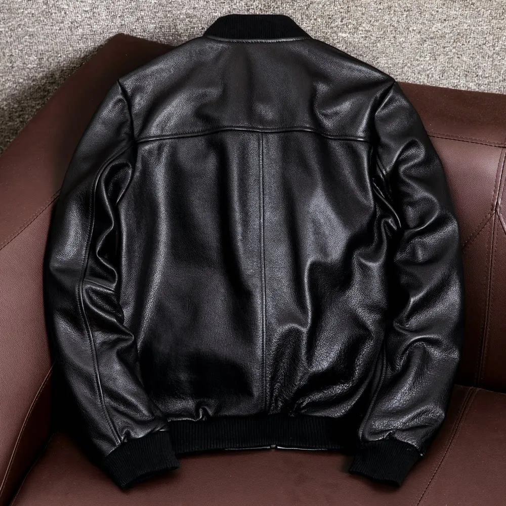 Pure first-layer cowhide leather men's baseball jersey large-size business sheepskin jacket