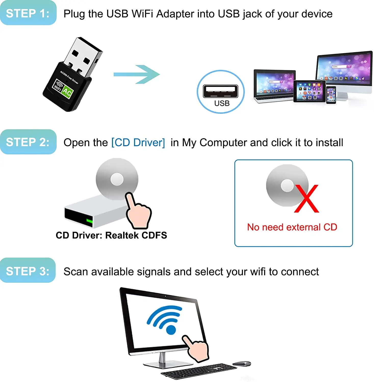 USB WiFi 600Mbps Mini Wireless Network Adapters for Windows 11/10/8/XP Desktop PC Dual Band 5G+2.4G Dongle Laptop External