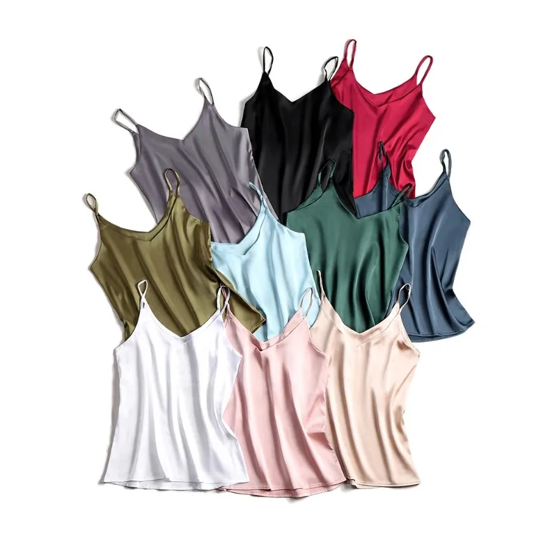 

Женский топ на тонких бретелях с вырезом «халтер» и V-образным вырезом, базовый белый топ-камисоль без рукавов из атласного шелка, летний женский топ-камисоль