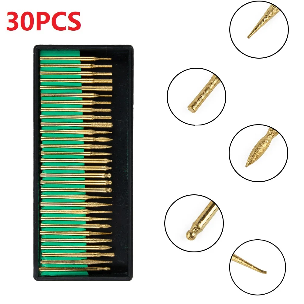 Diamante Burr Drill Bit Set, Corte para Gravura, Moagem, Polimento, Madeira, Metal, Ouro, DIY, Nova Qualidade, 000RPM, 28, 30Pcs