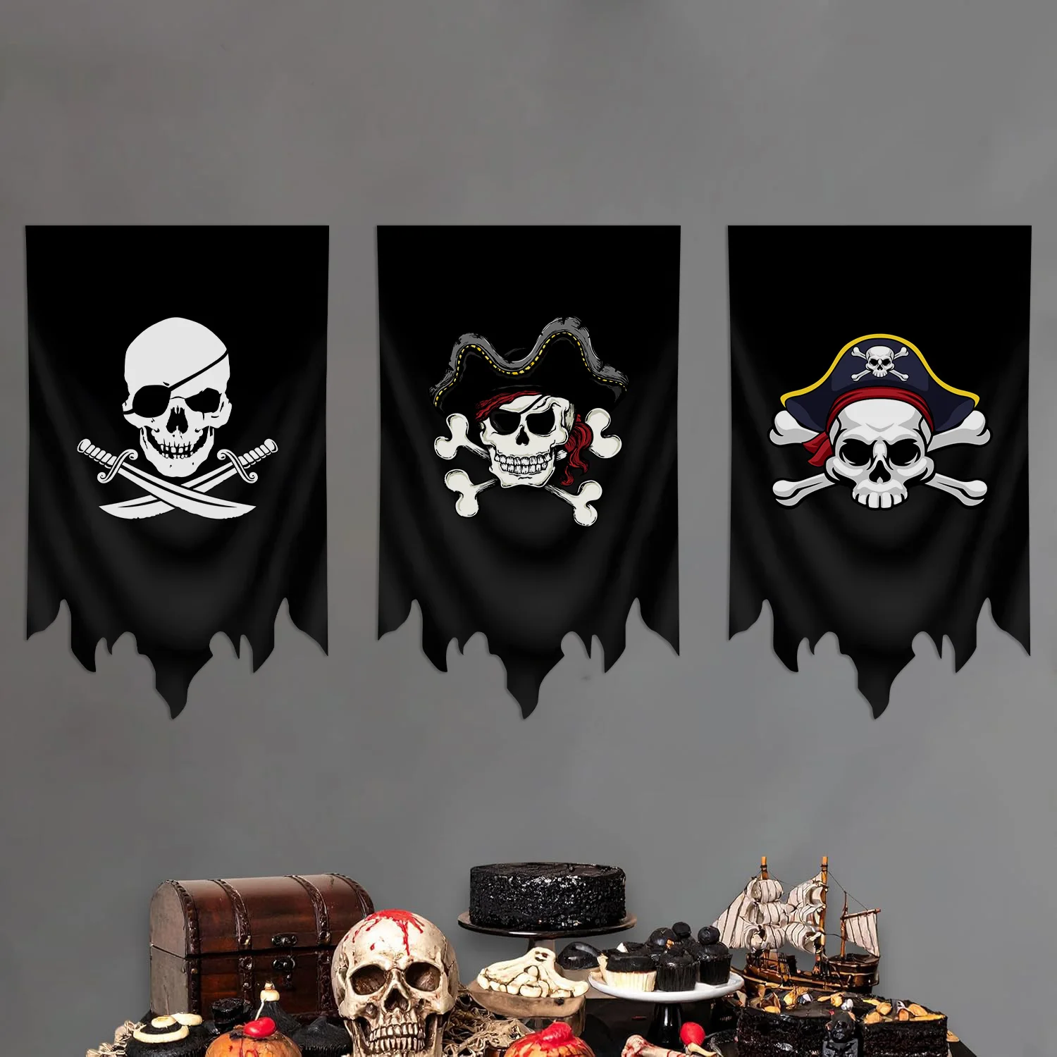 

3Pack Pirate Skull Banners, Polyester, One-Side Print, 2 Grommets,Classic pirate skull image: Captain, First Officer, and Sailo