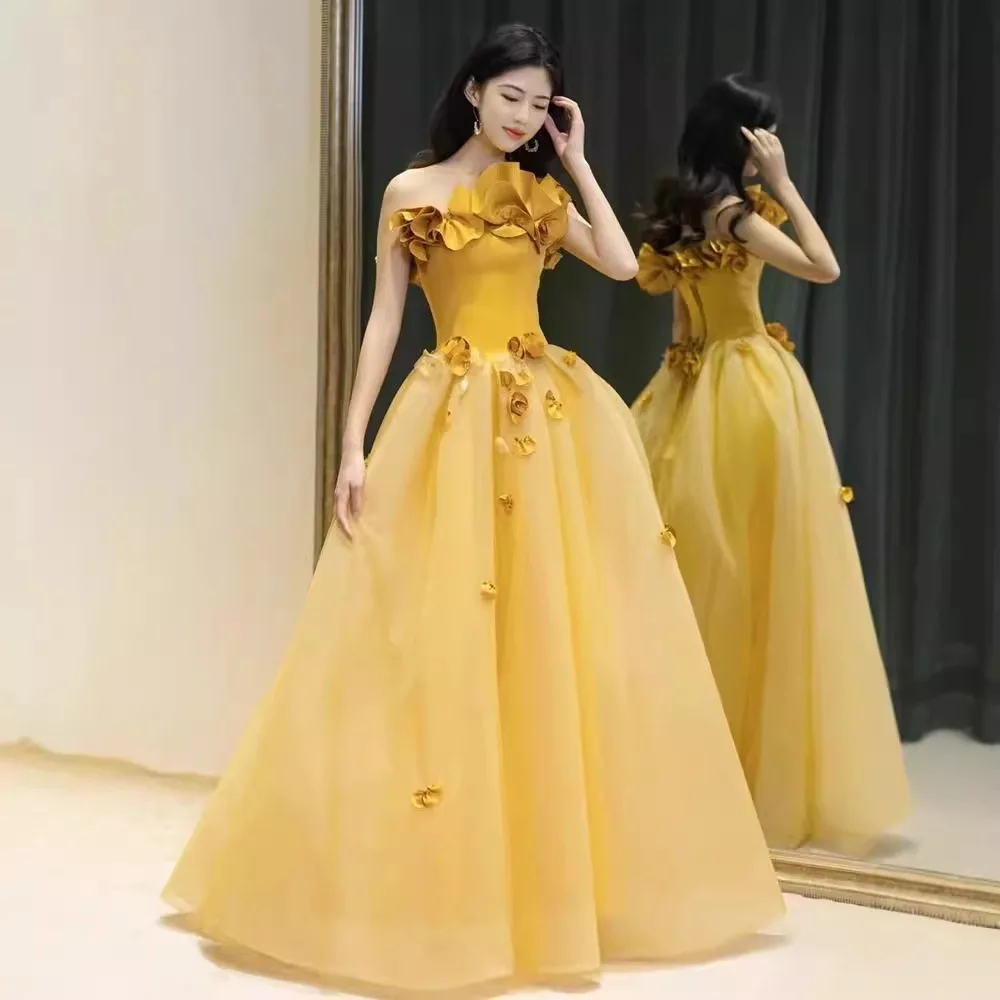 Yellow banquet evening dress tube top three-dimensional flower toast dress bridesmaid engagement party graduation dress