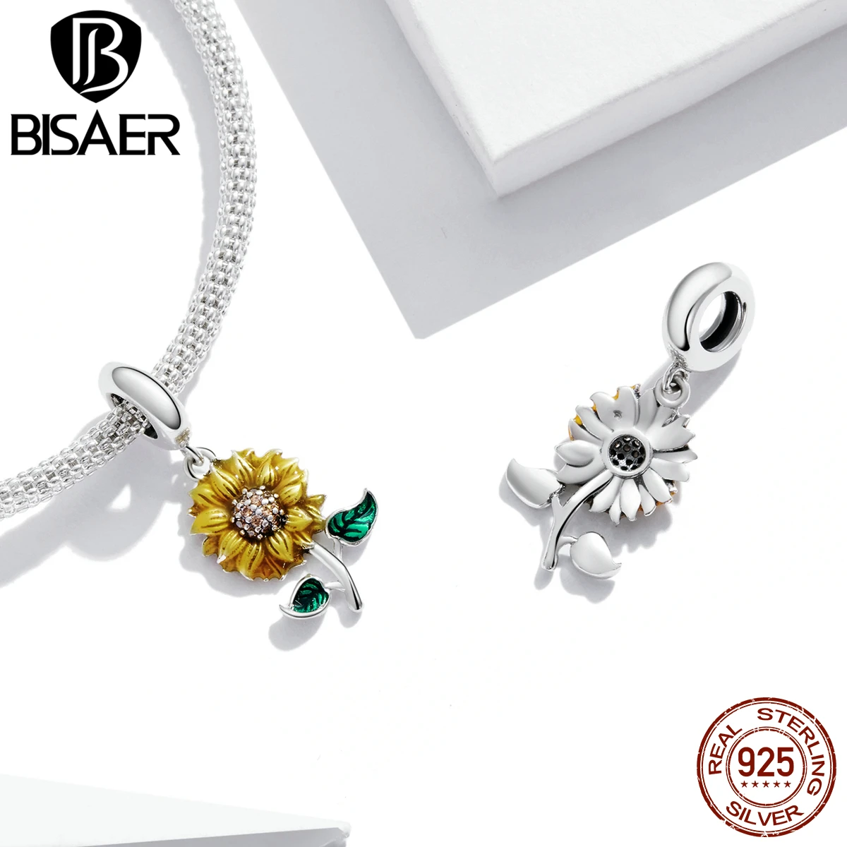 BISAER 925 Sterling Silver Flower Bird Series Charm Bee Bead Sunflower Garden Pendant For Women Bracelets DIY Fine Jewelry Gift image 2