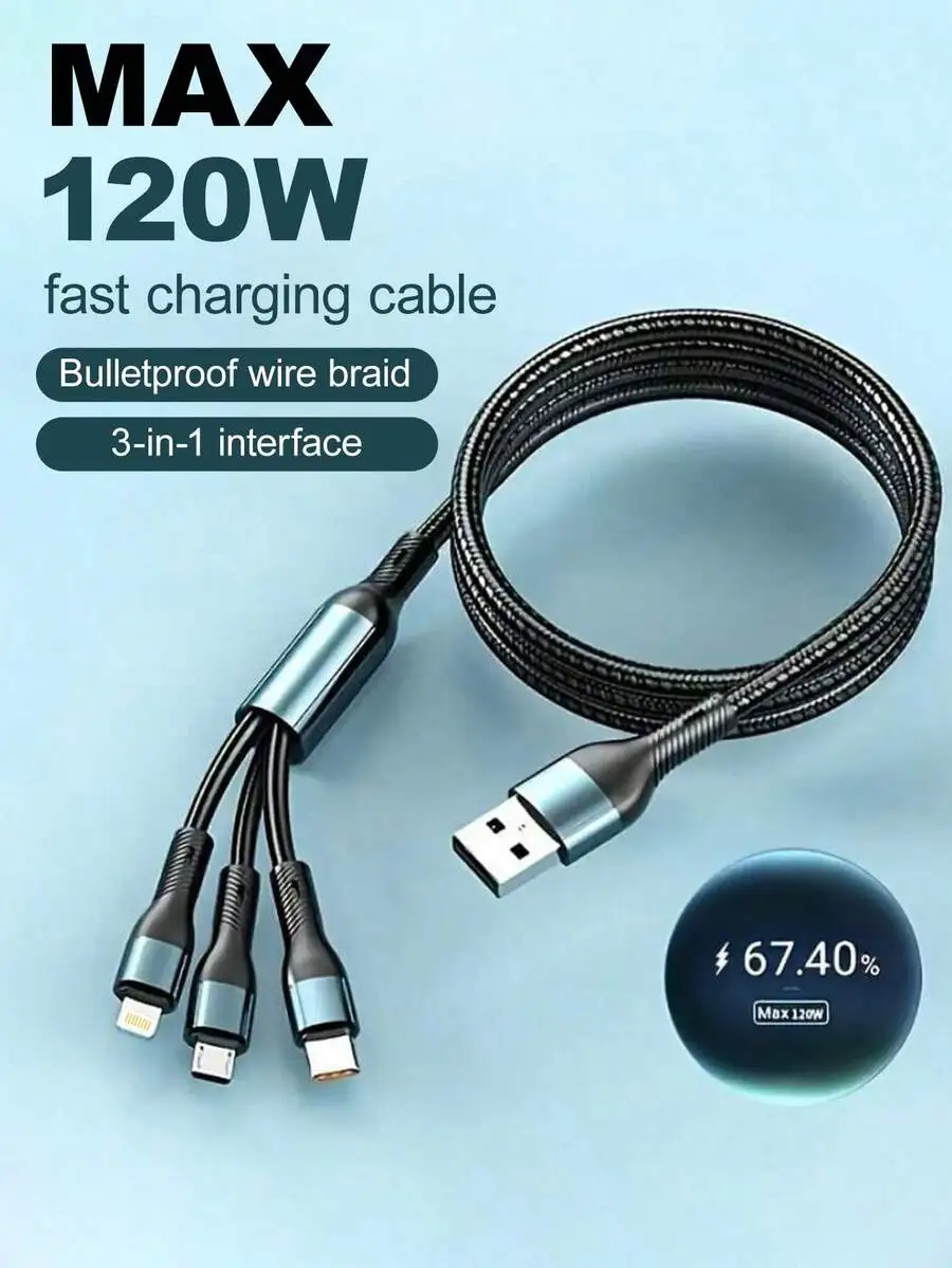 

Durcord MFI Certified 3-In-1 MAX 120W Multi-Charging Cable With Excellent Durability, Type-C Fast Charging, Perfect Compatible With Iphone, Android Phones, And Tablets,Compatible With Iphone 16/15/14/13/12/11/ S24/S23/S22/S21,