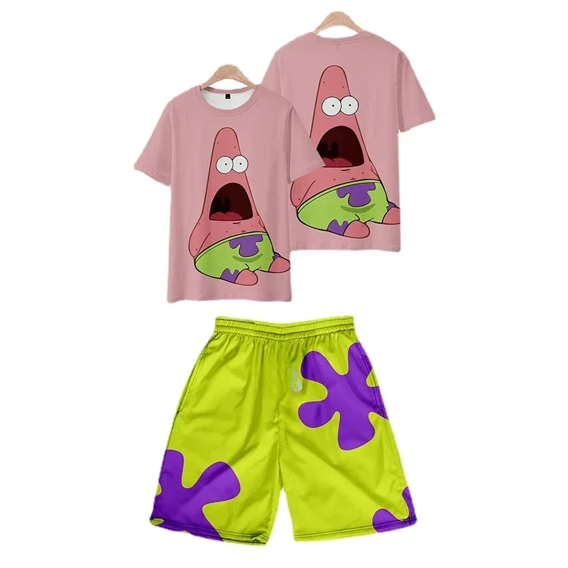 Beach SpongeBob T-shirt set Kids Patrick Star  Children\'s Summer Short Sleeved T-shirt Shorts Set  Pants Casual Breathable Beach