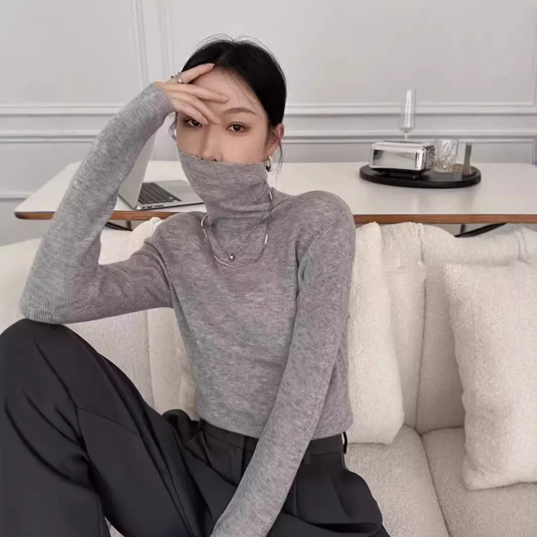 Французская камвольная водолазка, шерстяная трикотажная нижняя рубашка для женщин с высококачественным ощущением и облегающим свитером