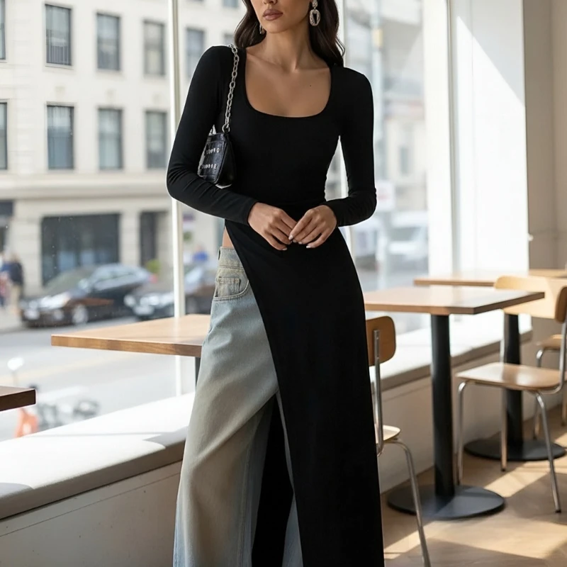 

New Fashion Spring and Summer Long-sleeved U-neck Women's Top Long Split-ended Dress Solid Color Slim-fitting Sexy Blouse
