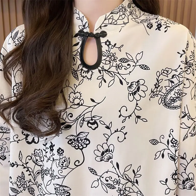 الاتجاه الوطني نمط متوسط طول تعديل شيونغسام قصيرة الأكمام تي شيرت الصيف فضفاضة متوسطة طول غطاء المؤخرة فستان Ins