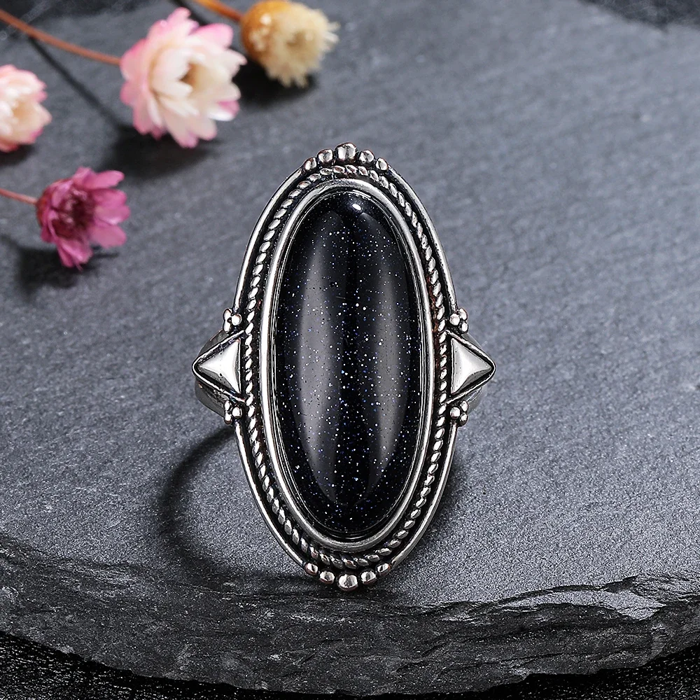 Rings for Women Silver Fine Jewelry Vintage 11*25 Big Blue Aventurine Turquoise Hollow Out Elegant Finger Ring Gift