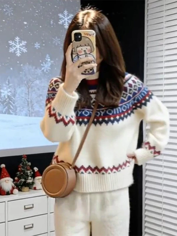 

Japanese Style Fair Isle Knitted round Neck Sweater Women's Autumn Winter Lazy Slimming Outerwear Inner Match Soft Knitted Top