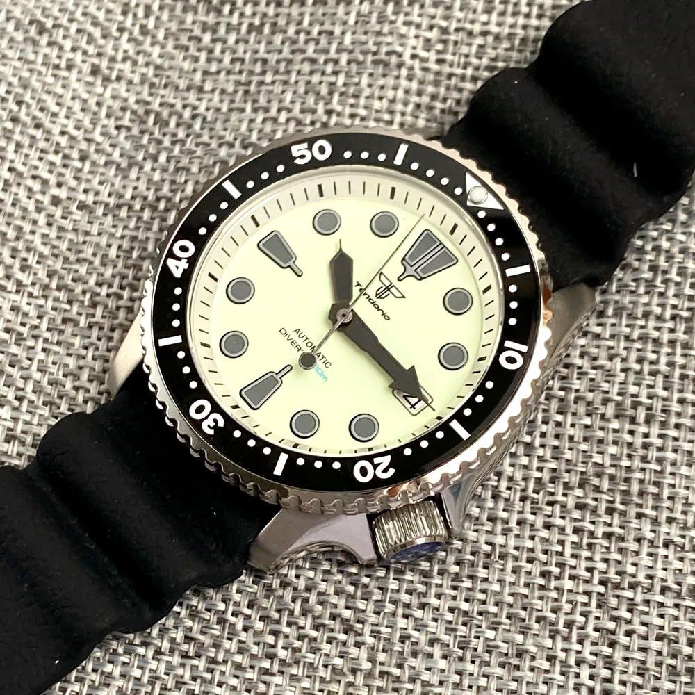 Tandorio 41mm NH35A 200M Waterproof Dive Automatic Watch Men Green Luminous Dial Sapphire Glass SKX Stainless Steel Bracelet