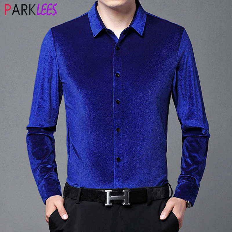 Luxury Royal Blue Velvet Mens Dress Shirts 2022 Winter New Slim Fit Long Sleeve Velour Shirt Men Casual Soft Button Down Chemise