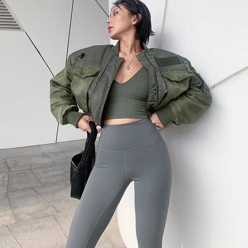 Autumn Winter Cropped Bomber Jacket Women Long Sleeve Zipper Patchwork Outerwear Casual Loose Army Green Aviator Quilted Coats