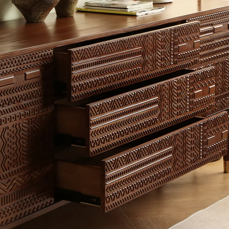 Medieval chest cabinet Nordic solid wood dining side cabinet Designer retro style TV cabinet Carved storage