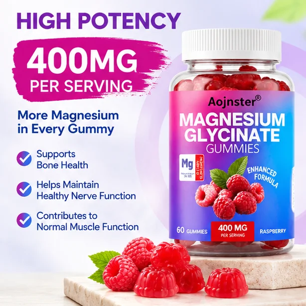 Enhanced Formula Magnesium Glycinate Gummies, 60 Count Per Bottle, Convenient Daily Magnesium Supplement, Tasty Raspberry Taste