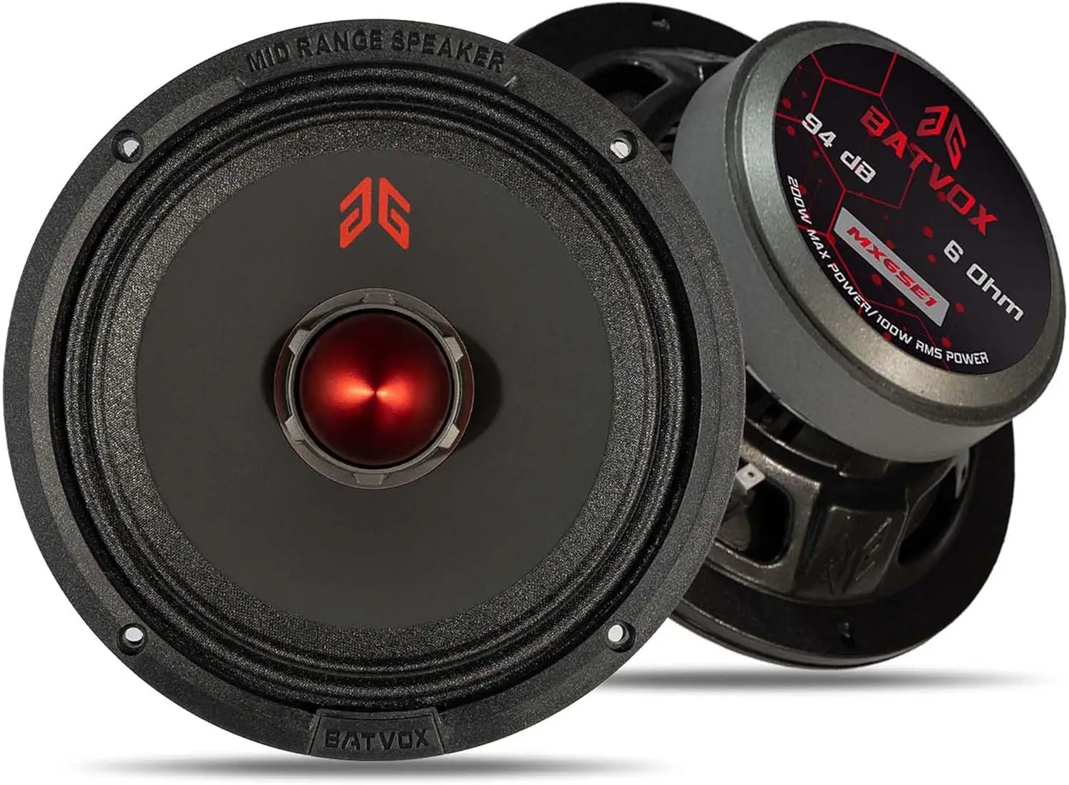 

6.5 Inch Car Midrange Loudspeakers, 400 Watts Peak Power, 6 Ohms, Red Bullet Design for Enhanced Audio in Vehicles