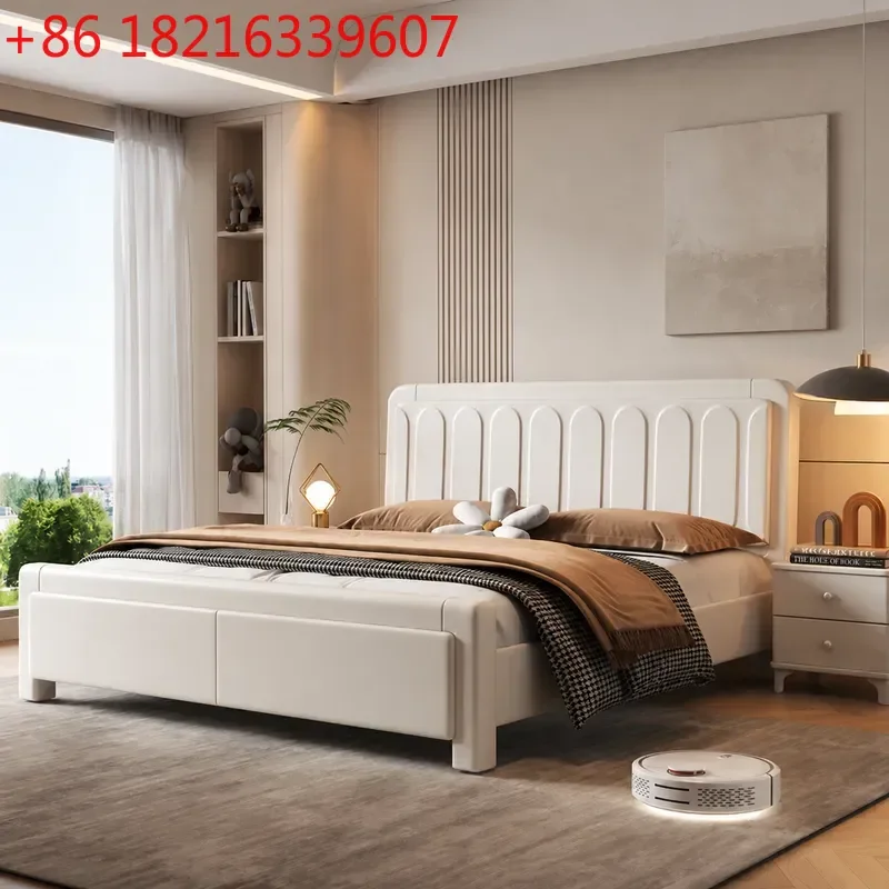 YAOModern Simple Solid Wood Bed 1.8m Cream Style Double Bed for Master Bedroom Light Luxury Design with Storage Function